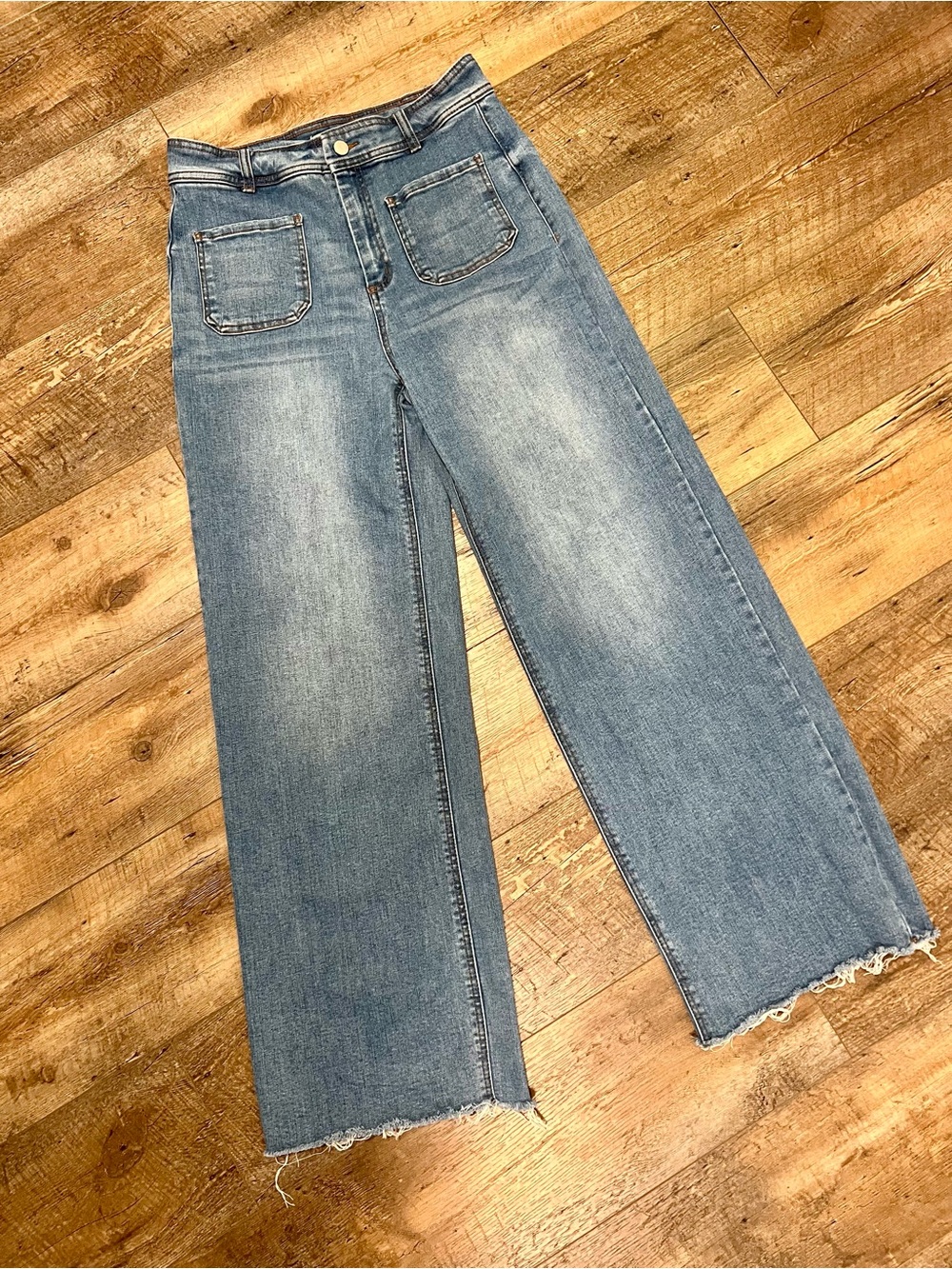 OAT New York Jeans Size 8/29 Wide Leg High Rise Raw Frayed Hem Light Wash